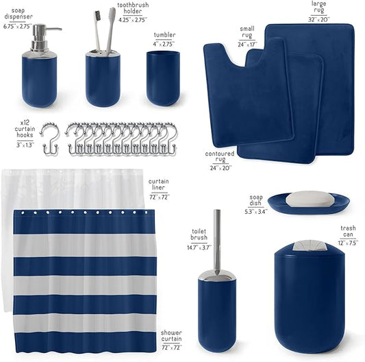 Clara Clark Bathroom Set - Navy Bathroom Accessories Set, Bathroom Sets with Shower Curtain and Rugs, 23PC Shower Curtain Set with Liner, Soap Dispenser, Soap Dish, Toilet Brush Holder, and Trash Can