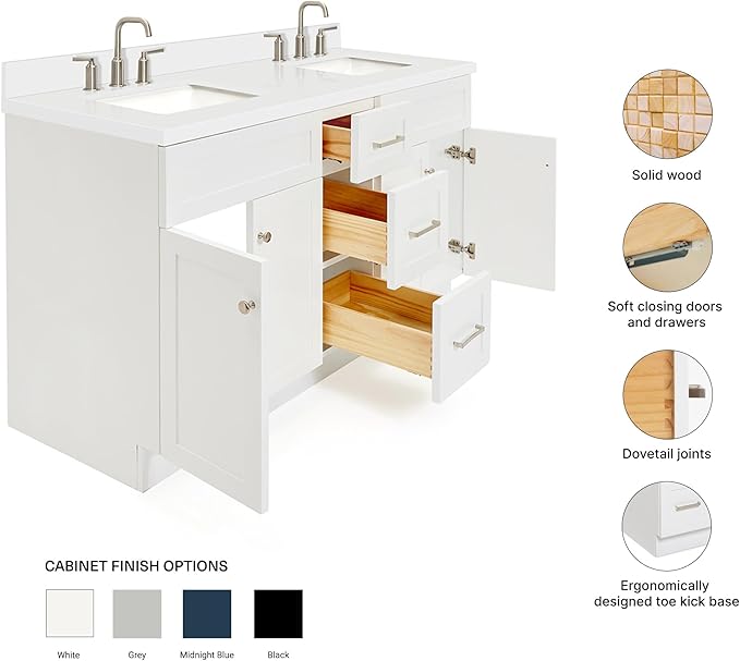 ARIEL Hamlet 60-inch Bathroom Vanity with Sink,Solid Wood, 1.5-inch Pure White Quartz Countertop & Backsplash, Double Rectangular Porcelain Sink, 4 Soft Closing Doors, 3 Dovetail Drawers, White