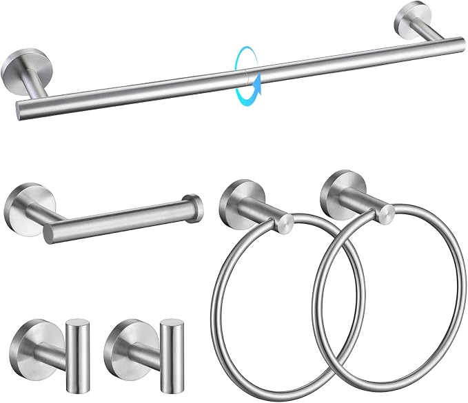 TQKAG Brushed Nickel Bathroom Hardware Set, 6-Piece Towel Bar Set 23.6 Inch | Towel Bar Set, Wall Mounted, Bathroom Accessories Set Include Paper Holders, Towel Rings, Towel Hooks, SUS304 Stainless Steel