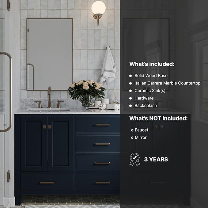 ARIEL Cambridge 66-inch Bathroom Vanity with Sink,Solid Wood, 0.75-inch Italian Carrara Marble Countertop, Double Rectangular Porcelain Sink, 4 Soft Closing Doors, 6 Dovetail Drawers, Midnight Blue