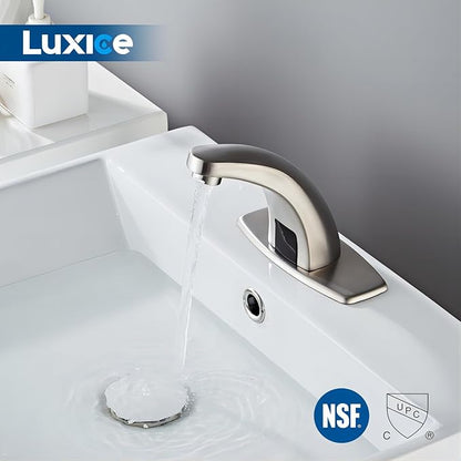 Luxice Brushed Nickel Touchless Bathroom Sink Faucet, Battery Operated Automatic Motion Sensor Hands Free Commercial Faucets with Hot & Cold Temperature Mixing Valve