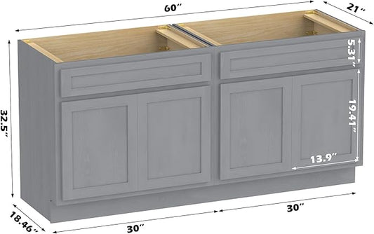 Vanity Art 60 Inch Bathroom Base Cabinet Only, Double Sink Top (Not Include Sink) with Door & Soft Close Hinge, Unassembled Floor Cabinet, Smoke Grey, 2ea 30 Inch Combo