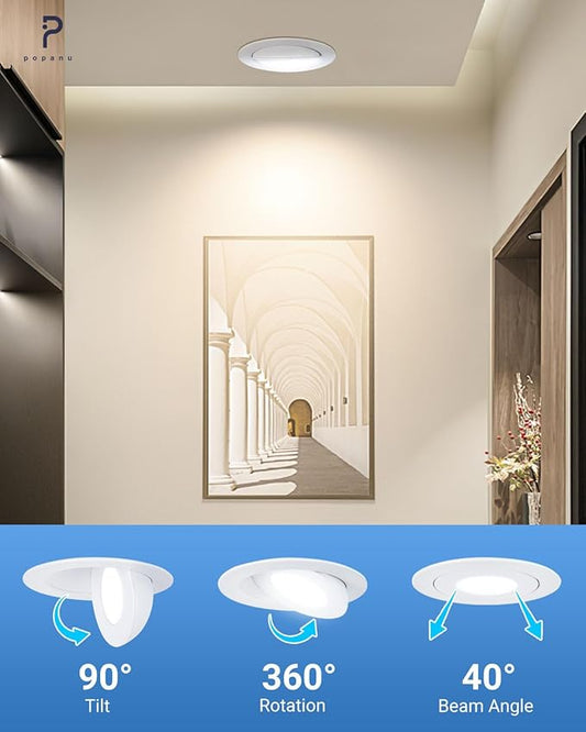 Recessed Lighting 4 inch Gimbal 9W 5CCT Swivel Ceiling Eyeball Spotlight 4inch Dimmable Recessed Lights, Soffit Indoor Directional Lighting, 90° Tilt and 360° Rotation White 2 Pack