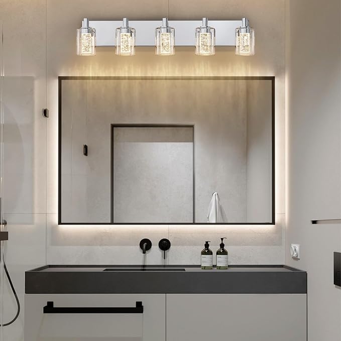 SineRise Vanity Light with 3 Color Modes (3000K/4000K/6000K), Eye Protection LED Bathroom Light Fixture, Dimmable Modern Wall Light Over Mirror with Clear Glass Shade (Chrome, 5-Light)