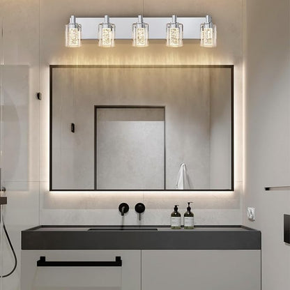SineRise Vanity Light with 3 Color Modes (3000K/4000K/6000K), Eye Protection LED Bathroom Light Fixture, Dimmable Modern Wall Light Over Mirror with Clear Glass Shade (Chrome, 5-Light)