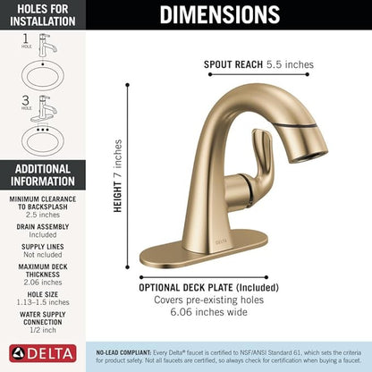 Delta Arvo 1 Hole Brushed Gold Bathroom Faucet with Sprayer, Single Hole Bathroom Sink Faucet with Pull Out Sprayer for Vanity, Push-Pop Drain, Champagne Bronze 15840LF-CZPD