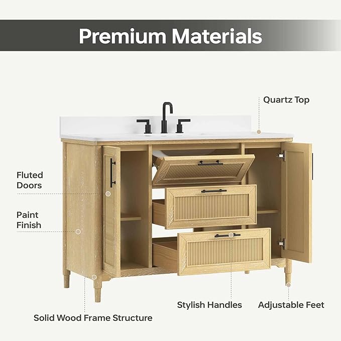 48 Inch Bathroom Vanity with Sink, Solid Wood Frame Single Sink Bathroom Vanity with Quartz Countertop, Bathroom Storage Cabinet with Soft Closing Doors & Dovetail Drawers, Light Oak