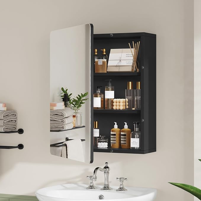 Medicine Cabinet Mirror with 2 Adjustable Shelves, Bathroom Mirror with Storage, Recessed or Wall Mount Bathroom Cabinet, Black UNGGX004H