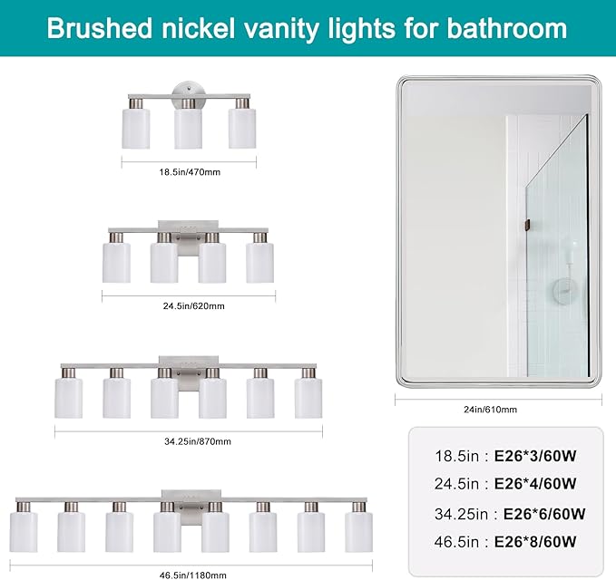 6-Light Bathroom Vanity Light Brushed Nickel Bathroom Light Fixture Vanity Lights with Milky White Frosted Glass Shades Wall Sconces Over Mirror E26 Socket Bulbs Not Included