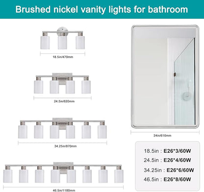 6-Light Bathroom Vanity Light Brushed Nickel Bathroom Light Fixture Vanity Lights with Milky White Frosted Glass Shades Wall Sconces Over Mirror E26 Socket Bulbs Not Included