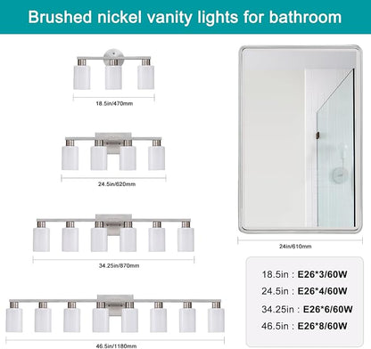 6-Light Bathroom Vanity Light Brushed Nickel Bathroom Light Fixture Vanity Lights with Milky White Frosted Glass Shades Wall Sconces Over Mirror E26 Socket Bulbs Not Included