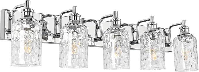 Bathroom Light Fixtures Over Mirror, 2 Lights Vanity Lights with Hammered Glass Shade, 37" Chrome Farmhouse Bathroom Light Fixtures for Bedroom, Porch, Hotel, Mirror Cabinet
