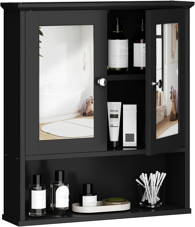 Shintenchi Bathroom Medicine Cabinet with Mirror, Wall Mounted, Black | Over The Toilet Cupboard, Adjustable Shelf, Open & Concealed Storage, 2 Magnet Doors, Space-Saving, Easy to Clean