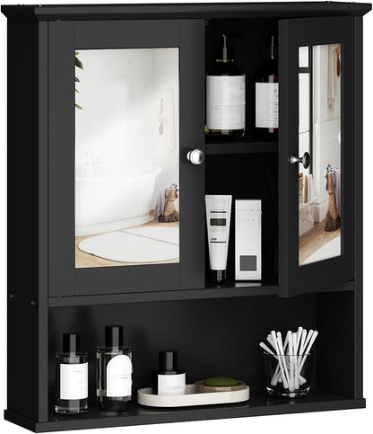 Shintenchi Bathroom Medicine Cabinet with Mirror, Wall Mounted, Black | Over The Toilet Cupboard, Adjustable Shelf, Open & Concealed Storage, 2 Magnet Doors, Space-Saving, Easy to Clean