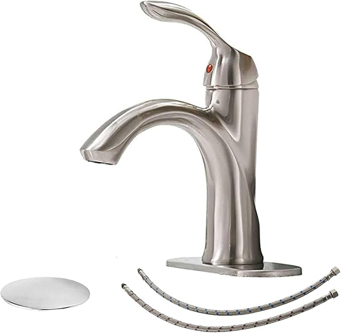 BWE Brushed Nickel Bathroom Faucet Single Handle Bathroom Sink Faucet One Hole with Pop Up Drain Assembly and Supply Lines Commercial Vanity Restroom Lavatory Mixer Tap