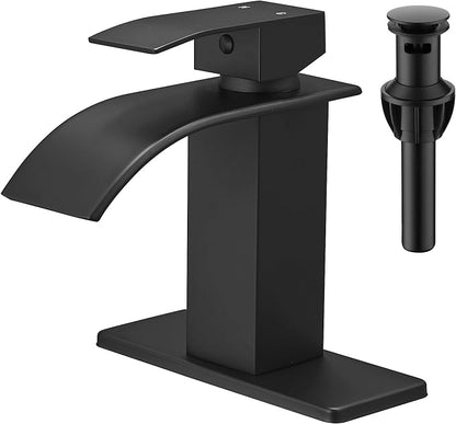 Waterfall Bathroom Faucet, Single Handle Matte Black Sink Faucet 1 Hole or 3 Hole for Lavatory, Washbasin, Vanity, Commercial, with Deck, Pop-up Drain and Supply Hoses