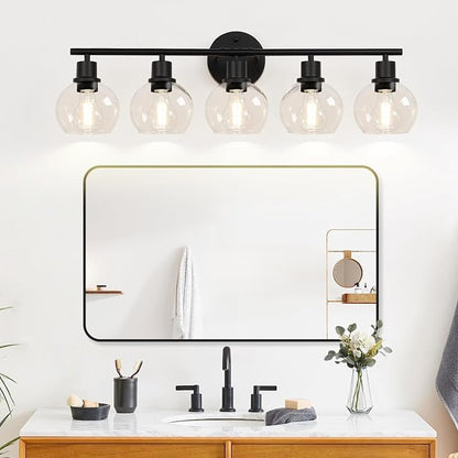 5-Light Bathroom Light Fixture, Matte Black Vanity Light with Clear Glass Globe Shades, Modern Bathroom Lights Over Mirror, Wall Sconce Lighting for Bathroom, Bedroom, Hallway, Living Room, Porch