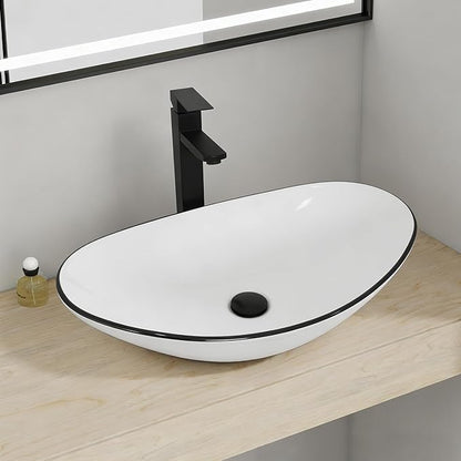 Ceramic Bathroom Sink, White Boat Shape Above Counter Porcelain Vessel Sink with Black Faucet and Pop up drain Set