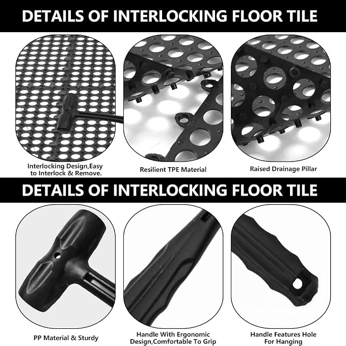24 Pack Garage Floor Tiles, 12x12 Inch Interlocking Drainage Tiles Non-Slip | Deck Tile with Holes for Bathroom, Pool Deck, Gym, Garage, Kitchen & Wet Areas, Easy Splicing Anti-Fatigue Mat, Black