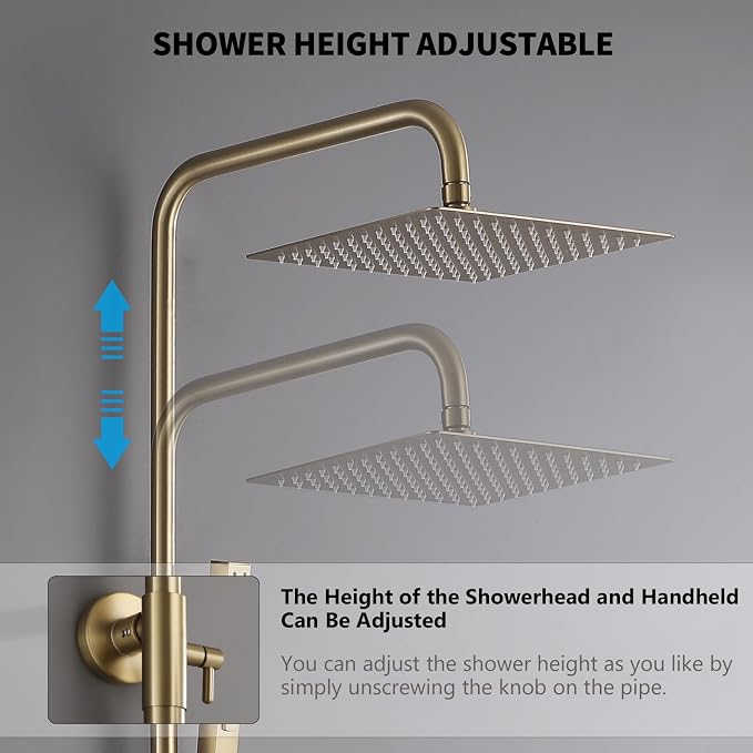 Exposed Shower System 10" Brushed Gold Rainfall Shower Head with 2 Modes Handheld and Tub Faucet Set, Square Shower Head 3 Functions Outdoor Shower Fixtures with Brass Valve, Height Adjustable