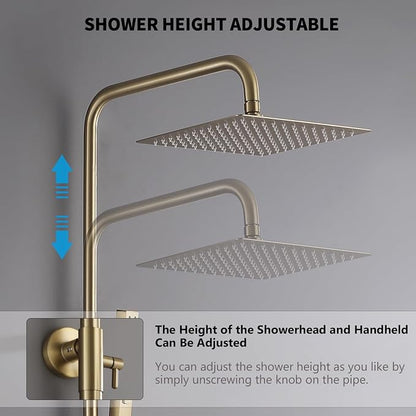 Exposed Shower System 10" Brushed Gold Rainfall Shower Head with 2 Modes Handheld and Tub Faucet Set, Square Shower Head 3 Functions Outdoor Shower Fixtures with Brass Valve, Height Adjustable