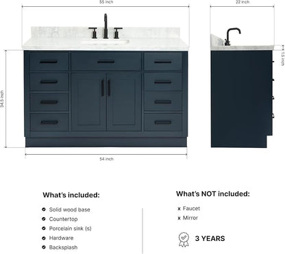 DKB Isabella 54" Midnight Blue Bathroom Vanity with Sink, 1.5" Edge Italian Carrara Marble Countertop, Rectangular Sink, 2 Soft-Closing Doors, 9 Dovetail Drawers