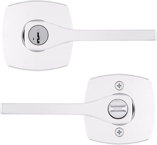 Kwikset Tripoli Lever Entry Door Handle with Lock and Key, Secure Keyed Reversible Lever Exterior, Doorlock, For Front Entrance and Bedrooms, Polished Chrome, Pick Resistant Smartkey Rekey Security