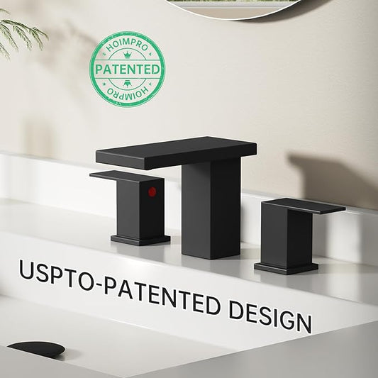 Hoimpro 8 Inch Widespread Waterfall Bathroom Sink Faucet, Square Two Handle Vanity Black Bathroom Faucet with cUPC Supply Hose, 3 Holes Faucet with Pop Up Drain, Stainless Steel, Matte Black