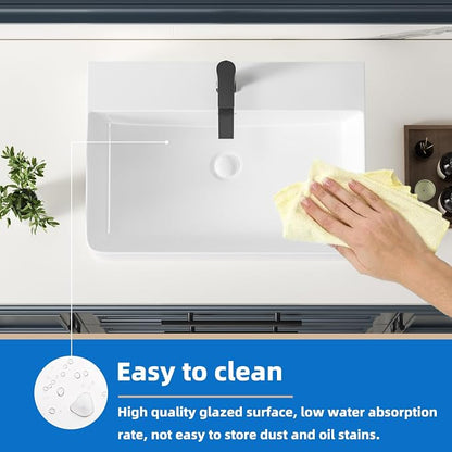 24" White Rectangular Ceramic Vessel Sink Bath Wall Mount/Above Counter | KINGWONG High-temp porcelain resists stains & thermal shock. Overflow hole. Easy Clean Glossy Finish for Master Bathroom
