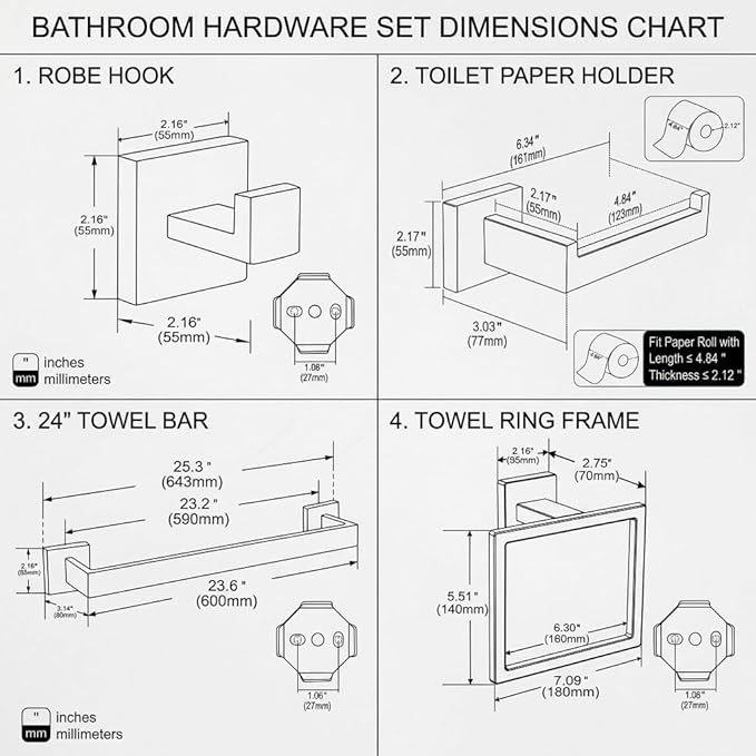 Matte Black Bathroom Hardware Set, 5-Piece Premium SUS304 Stainless Steel Bath Accessories, 23.6 Inch Black Towel Bar Rack, Heavy Duty Square Fixtures for Modern Home