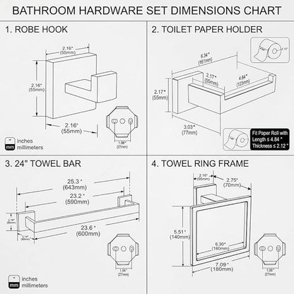 Matte Black Bathroom Hardware Set, 5-Piece Premium SUS304 Stainless Steel Bath Accessories, 23.6 Inch Black Towel Bar Rack, Heavy Duty Square Fixtures for Modern Home