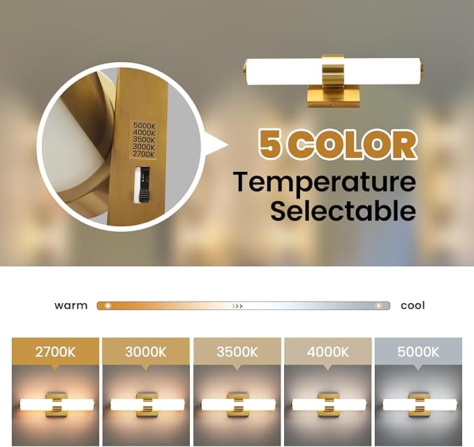 Gold Bathroom Light Fixtures - 16 Inch Modern Vanity Light 15W 5CCT Dimmable LED Bathroom Sconce with Acrylic Shade, Indoor Vanity Lighting Fixtures Over Mirror