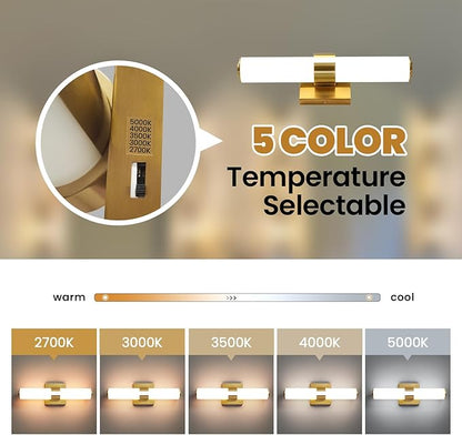 Gold Bathroom Light Fixtures - 16 Inch Modern Vanity Light 15W 5CCT Dimmable LED Bathroom Sconce with Acrylic Shade, Indoor Vanity Lighting Fixtures Over Mirror
