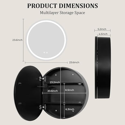 WallBeyond 24 in Round LED Medicine Cabinet with Mirror, Black Bathroom Cabinet with Storage, 3 Color Stepless Dimmable Lights, Anti-Fog, Memory Function, Hardwired, Surface Mount
