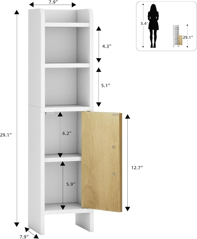 Bathroom Storage Cabinet, Small Corner Floor Cabinet with Fluted Door Narrow Toilet Paper Cabinet with Adjustable Shelves Wooden Slim Bathroom Organizers and Storage for Small Spaces, White
