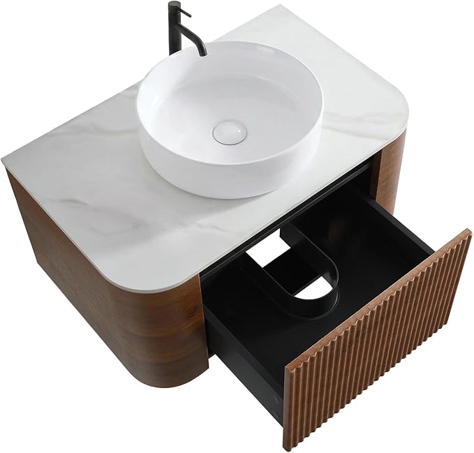 30" Preassembled Floating Bathroom Vanity with Round Sink, Walnut | Mid-Century Modern Style, Fluted & Soft-Close Drawer with U-shaped Wall, Sinterted Stone Countertop, Towel Rack Included