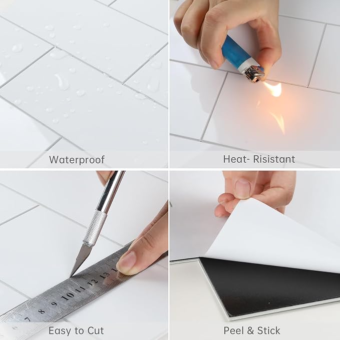 12-Piece Glossy Pure White Peel and Stick Backsplash Tile, 12''x12'' PVC Subway Tile Stick on Backsplash for Kitchen/Bathroom/Fireplace