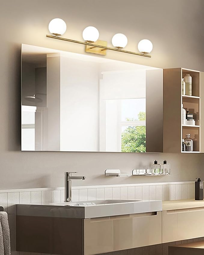 New Bathroom Vanity Light Fixtures Brushed Brass Milk White Globe Glass Shade 4 Lights Modern Wall Bar Sconce Over Mirror