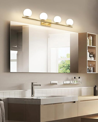 New Bathroom Vanity Light Fixtures Brushed Brass Milk White Globe Glass Shade 4 Lights Modern Wall Bar Sconce Over Mirror