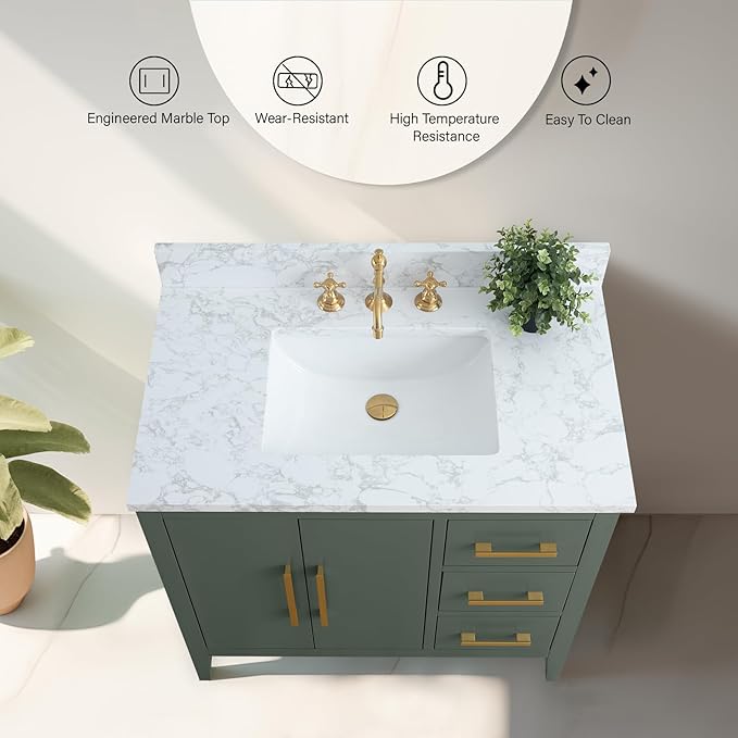 Vanity Art 36 inch Bathroom Vanity with Single Sink & Ceramic Top, Vanity Cabinet with Soft-Closing Doors, Drawers, Solid Wood Frame, Vintage Green, VA9036-VG-GB1