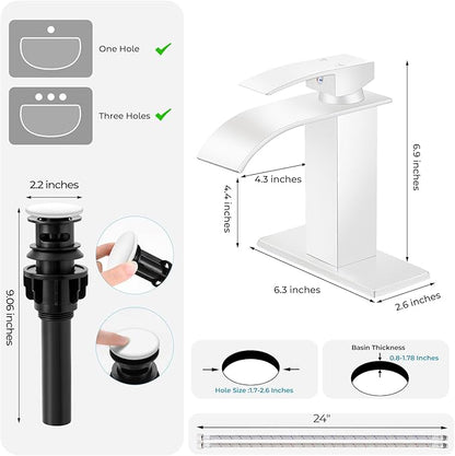White Bathroom Faucets, Waterfall Bathroom Sink Faucet Modern Single Handle Bathroom Faucte 1 or 3 Hole, RV Mixer Tap Vanity Faucet - Includes Pop-up Drain Supply Hoses Deck Plate