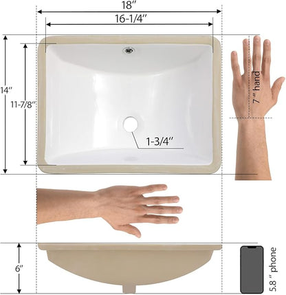 Mocoloo Undermount Bathroom Sink 18 x 14 Inch Rectangle Porcelain White Ceramic Bathroom Sink Deep Basin with Overflow Drain Under the Counter Rectangular Undermount Vanity Sink for Lavatory