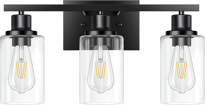 3-Light Vanity Light, Matte Black Bathroom Lighting Fixtures Over Mirror, Modern Metal Wall Lights for Hallway Kitchen Bedroom Living Room | Wall Sconce Light Fixture with Clear Glass Shade Matte Black Modern Metal Wall Lights for Hallway Kitchen Bedro...