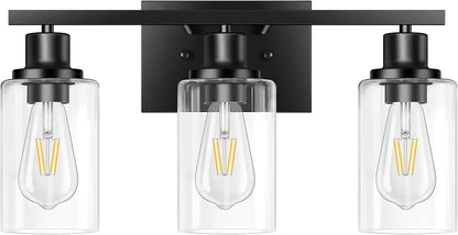 3-Light Vanity Light, Matte Black Bathroom Lighting Fixtures Over Mirror, Modern Metal Wall Lights for Hallway Kitchen Bedroom Living Room | Wall Sconce Light Fixture with Clear Glass Shade Matte Black Modern Metal Wall Lights for Hallway Kitchen Bedro...
