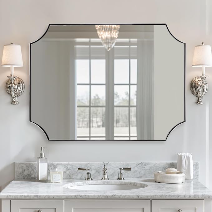 30x40 Inch Chrome Mirror, Scalloped Bathroom Mirror, Polished Chrome Framed Mirror in Anti-Rust Stainless Steel Metal Thin Frame Deep 1’’, Large Wall-Mounted Mirror (Horizontal/Vertical)