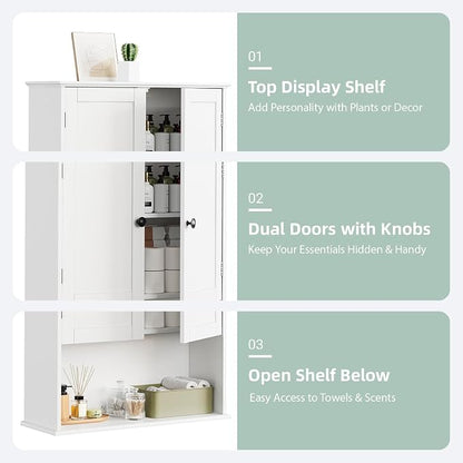Bathroom Wall Cabinet, 30" x 24" White Painted Finish Wooden Wall Mounted Medicine Cabinet with 3 Level Adjustable Shelf, Over the Toilet Storage Cabinet, Wall Storage Cabinet for Bathroom