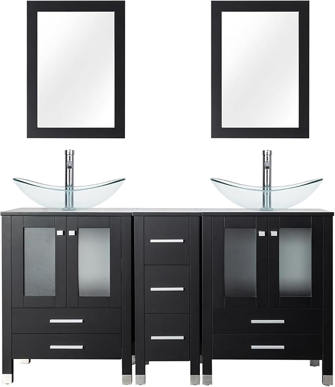 LUCKWIND 60" Double 24" Bathroom Vanity with Sink Combo, Elegant Series with One 12.6-in Side Cabinet, Painted Frame, Including Clear Boat Sinks, Faucets Without Mirrors, Black