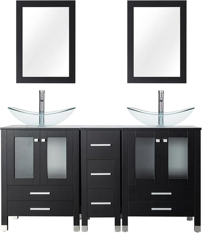 LUCKWIND 60" Double 24" Bathroom Vanity with Sink Combo, Elegant Series with One 12.6-in Side Cabinet, Painted Frame, Including Clear Boat Sinks, Faucets Without Mirrors, Black