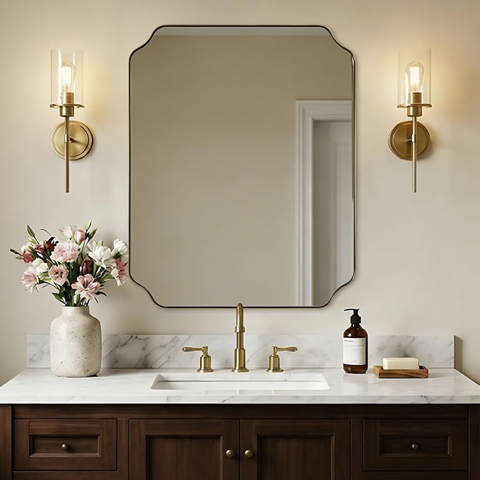 28"x36" Brushed Brass Bathroom Mirror, Scalloped Mirror for Bathroom, Champagne Bronze Mirror in Anti-Rust Stainless Steel Thin Frame, Wall Mount Vertical or Horizontal