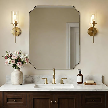 28"x36" Brushed Brass Bathroom Mirror, Scalloped Mirror for Bathroom, Champagne Bronze Mirror in Anti-Rust Stainless Steel Thin Frame, Wall Mount Vertical or Horizontal